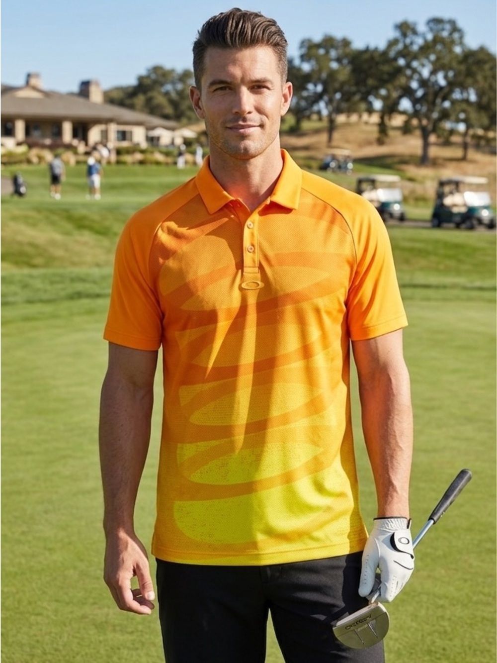 Oakley orange gradient regular fit Hydrolix short sleeve golf polo shirt Sz S